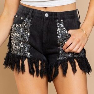 POL Black Sequin Fringe Women Shorts